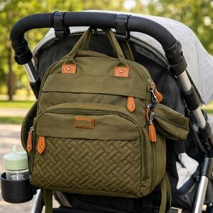 Bobbieroo Diaper Bag Backpack Olive Army Green Purse Baby Mom